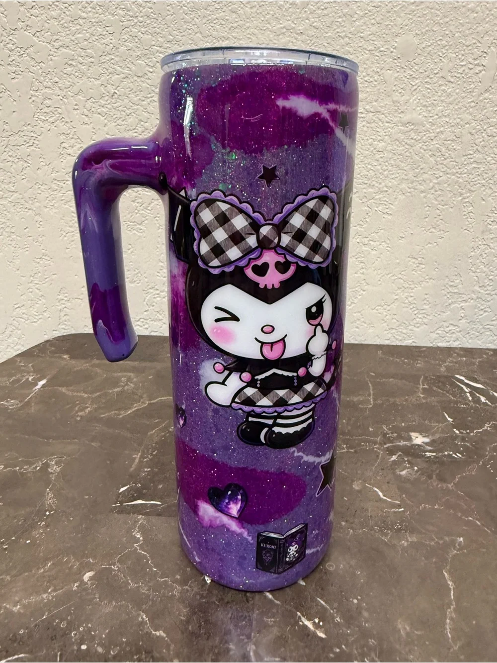 Sanrio Kuromi Purple Marble Glitter 20 oz Skinny Tumbler Cup Handmade